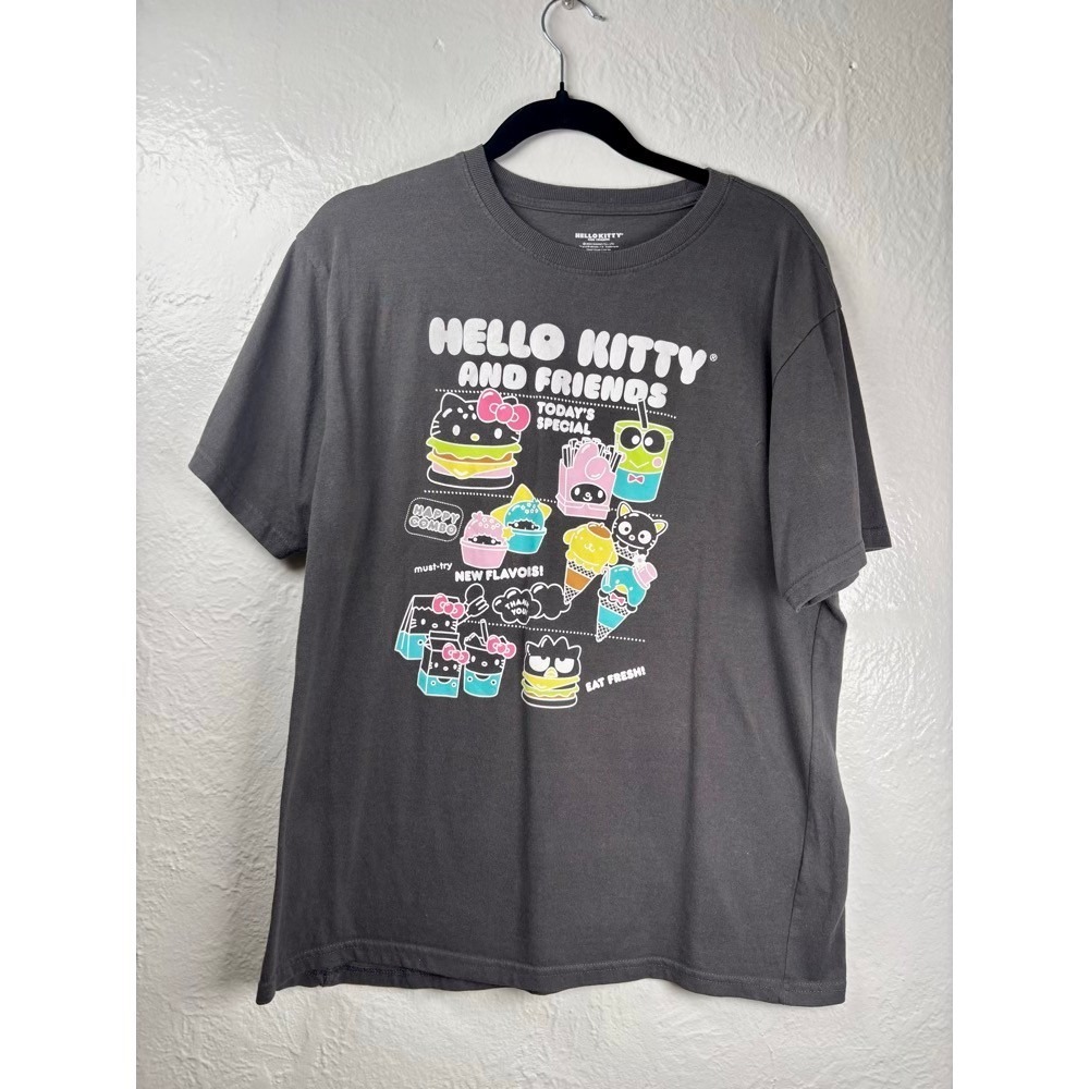 Sanrio Hello Kitty and Friends T-Shirt Womens XL Gray Graphic Tee Food Pastel